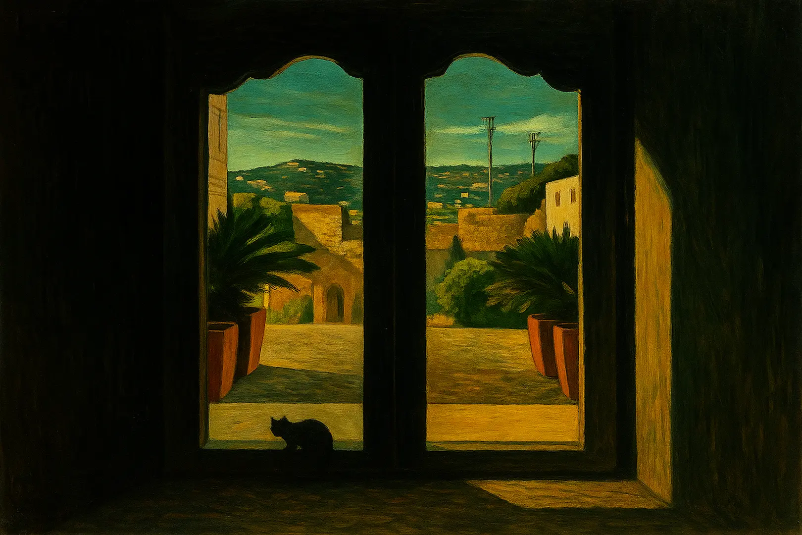 Chat noir assis dans l’ombre d’un porche, regardant un paysage ensoleillé à travers une arche, avec plantes en pot et collines en arrière-plan — image stylisée façon Giorgio De Chirico. Black cat sitting in the shadow of an archway, facing a sunlit scene with potted plants and distant hills — image stylized in the spirit of Giorgio De Chirico.