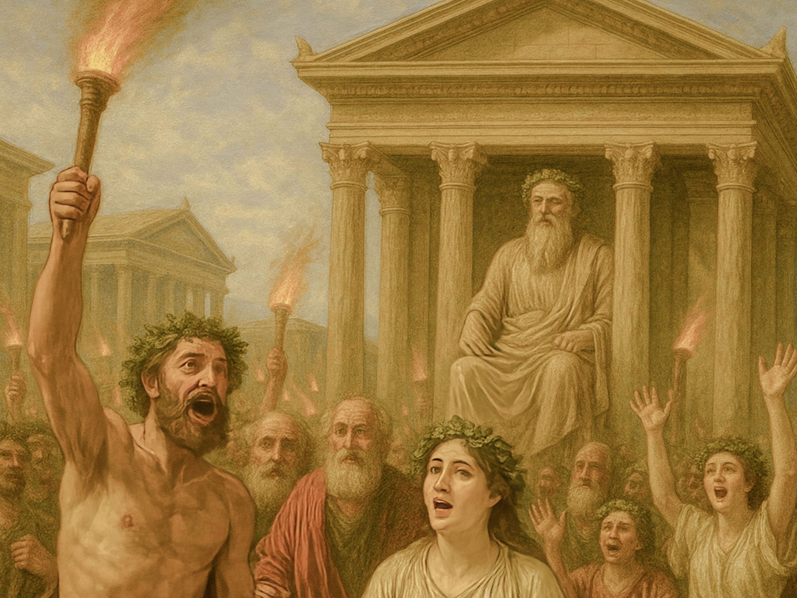 Célébration des Saturnales devant un temple romain, foule avec torches et couronnes. histoire de Noël à travers les siècle