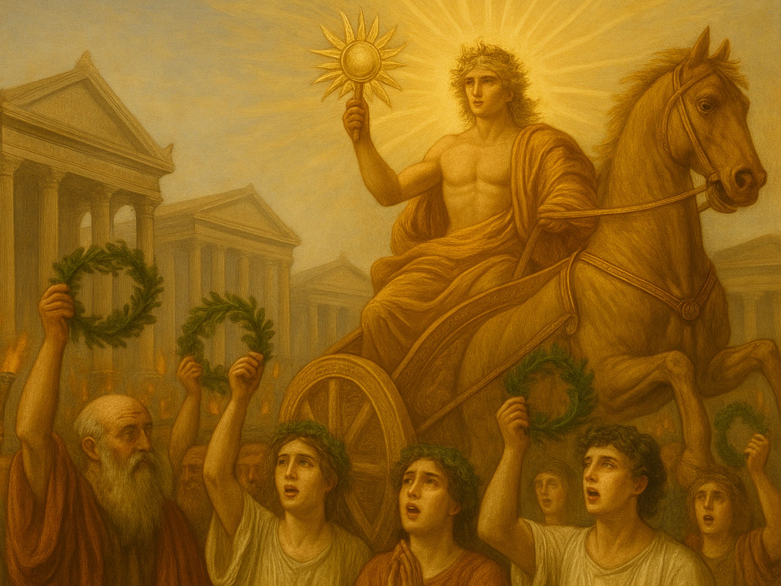 Célébration des Saturnales devant un temple romain, foule avec torches et couronnes.