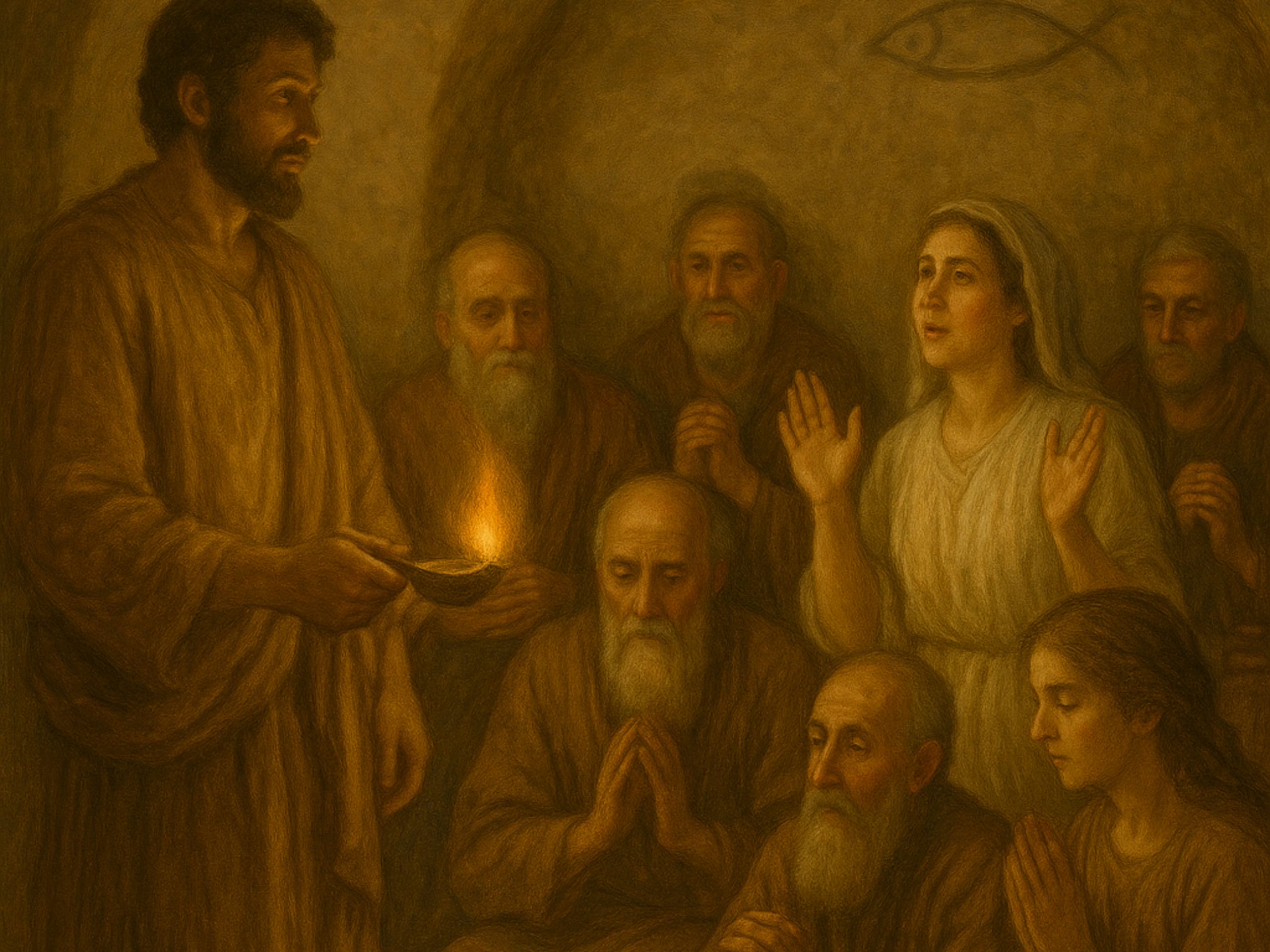 Petite communauté chrétienne primitive réunie à la lampe à huile. histoire de Noël à travers les siècle