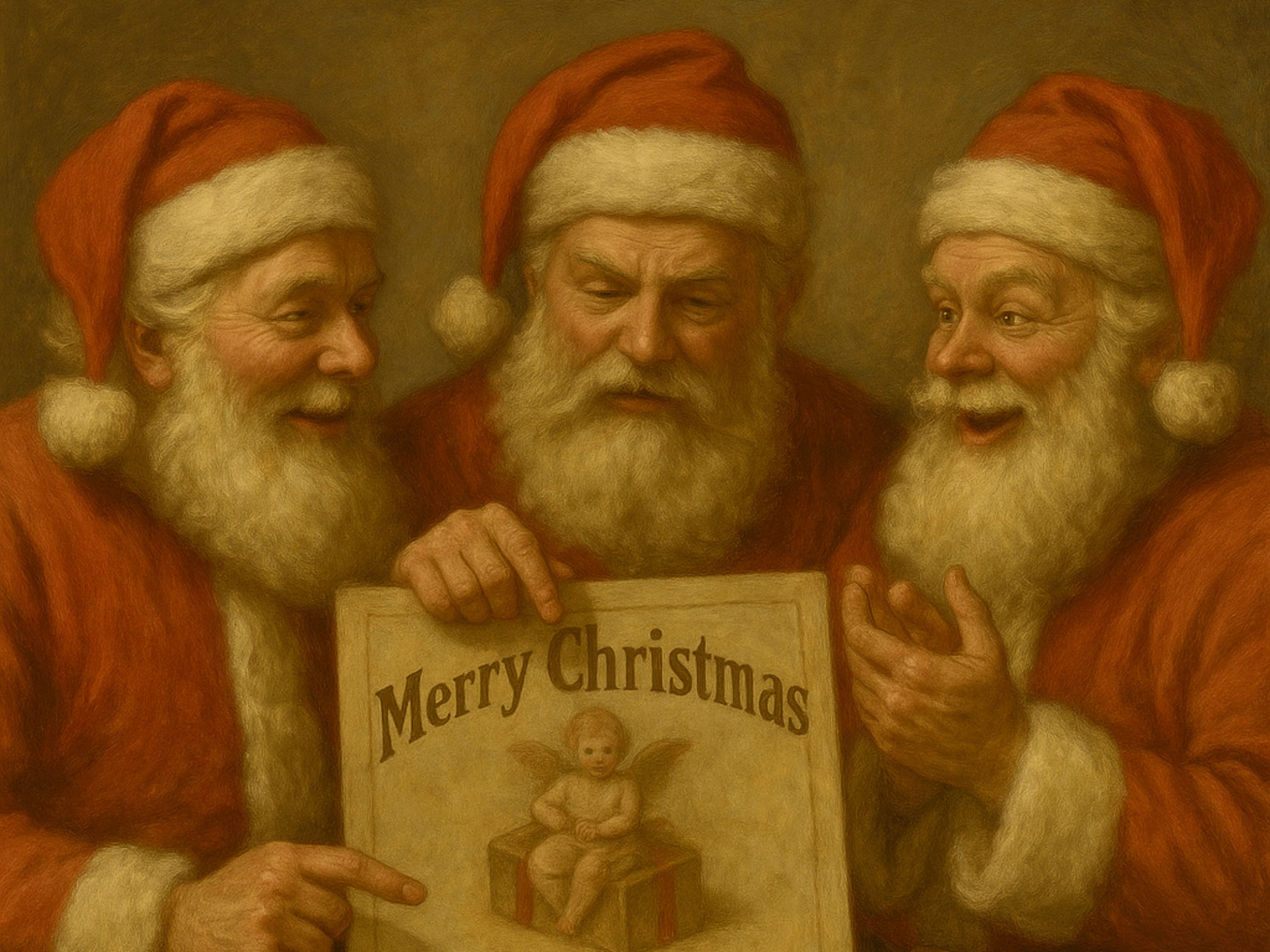 Trois Pères Noël discutant autour d’une affiche ancienne, style marketing du XIXᵉ siècle. histoire de Noël à travers les siècle