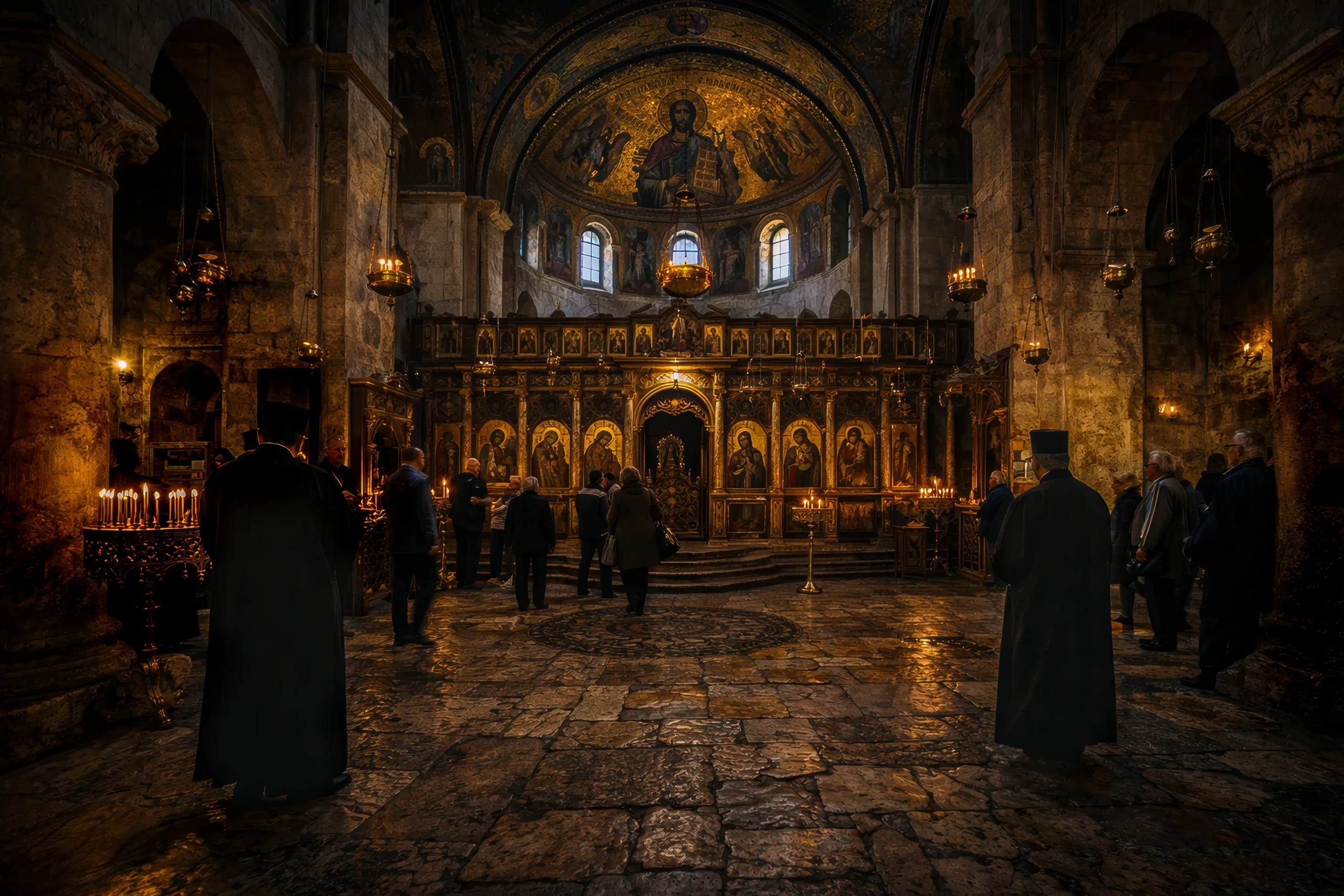 Catholicon du Saint-Sépulcre, mosaïques dorées, icônes, et clergé en prière