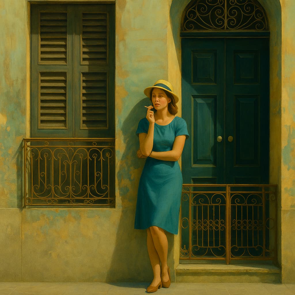 hotographie stylisée Hopper Malte. Elle fume, oui. Mais c’est le temps qui l’habite. L’ombre, la chaleur, le mur comme unique conversation.
She smokes, yes. But it’s time that inhabits her. The shadow, the heat, the wall as her only conversation.