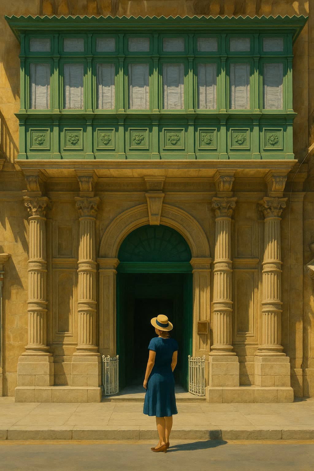 hotographie stylisée Hopper Malte.Femme de dos devant une porte verte d’un bâtiment baroque maltais, composition verticale minimaliste inspirée de Edward Hopper.