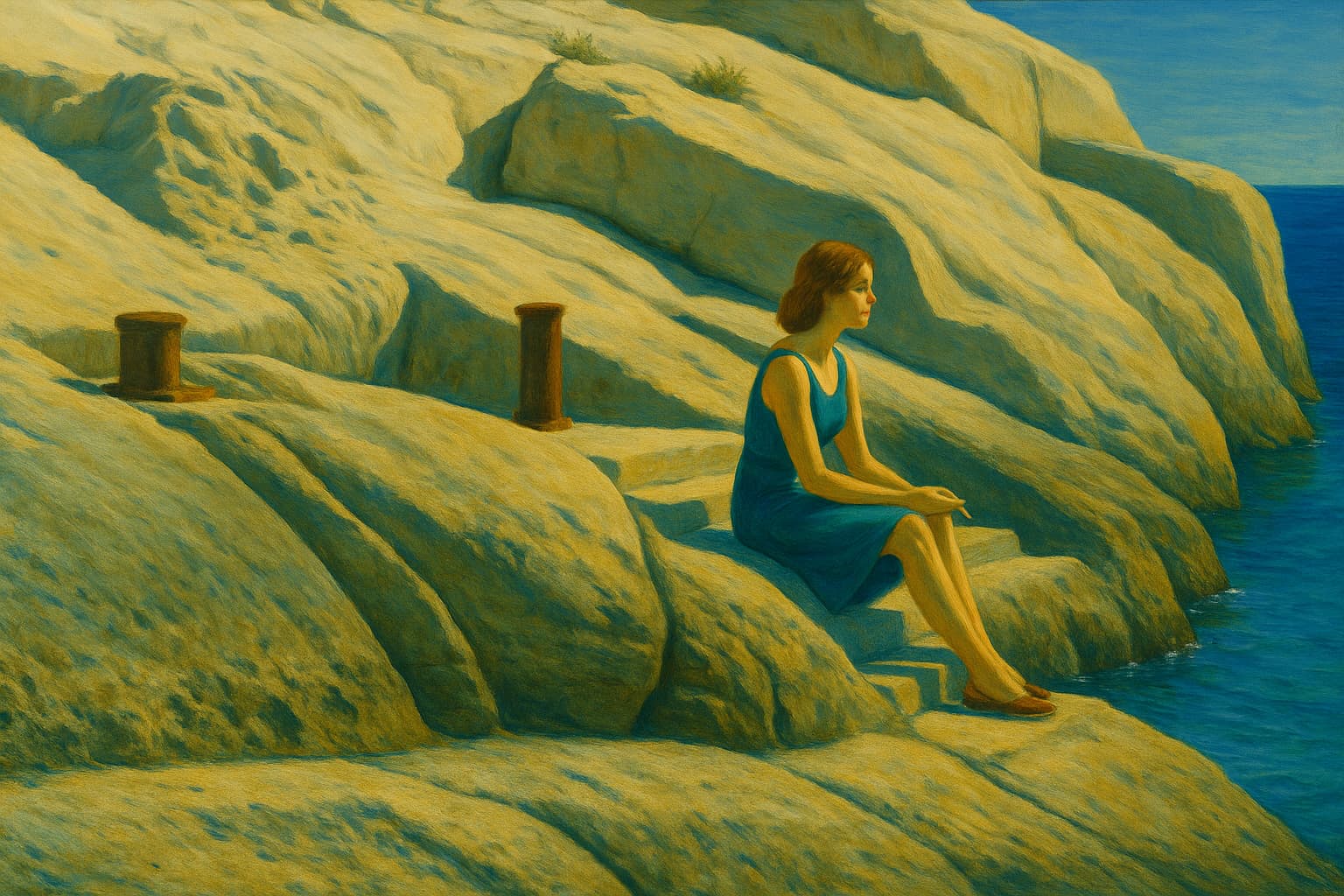 Femme seule assise sur des rochers en bord de mer à Malte, face à l’horizon, dans une lumière dorée inspirée de l’univers d’Edward Hopper.