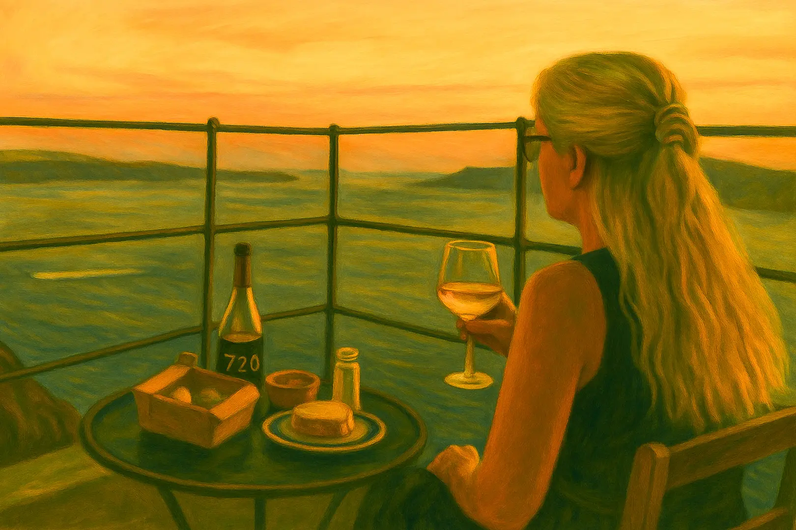photographie stylisée Oia. Femme vue de dos, assise en terrasse face à la mer à Santorin, un verre de vin à la main au coucher du soleil – ambiance intime et picturale. Woman seen from behind, sitting on a terrace in Santorini with a glass of wine at sunset – intimate and painterly atmosphere.