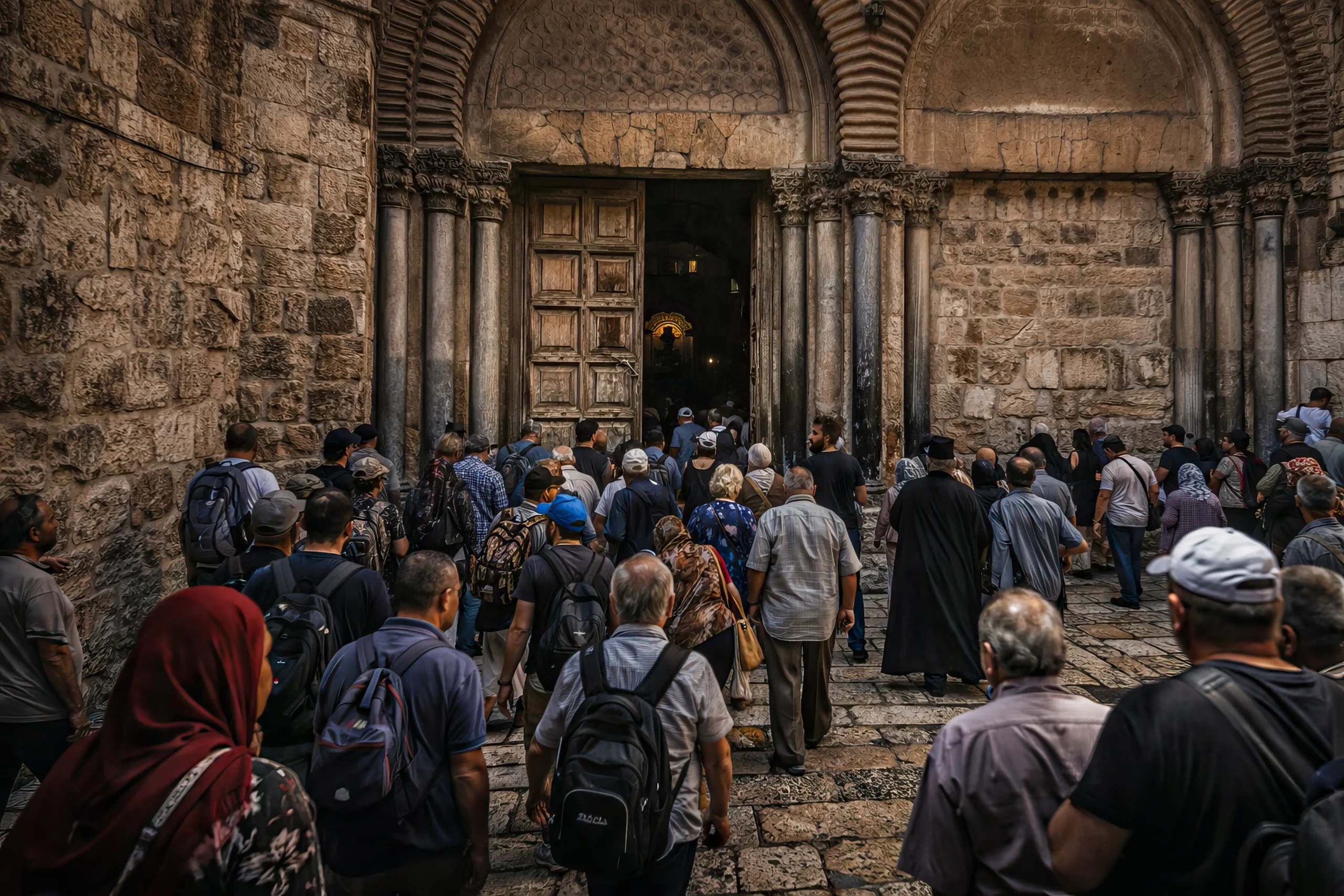 Entrée de l’église du Saint-Sépulcre à Jérusalem avec foule de pèlerins et visiteurs entrant dans le site