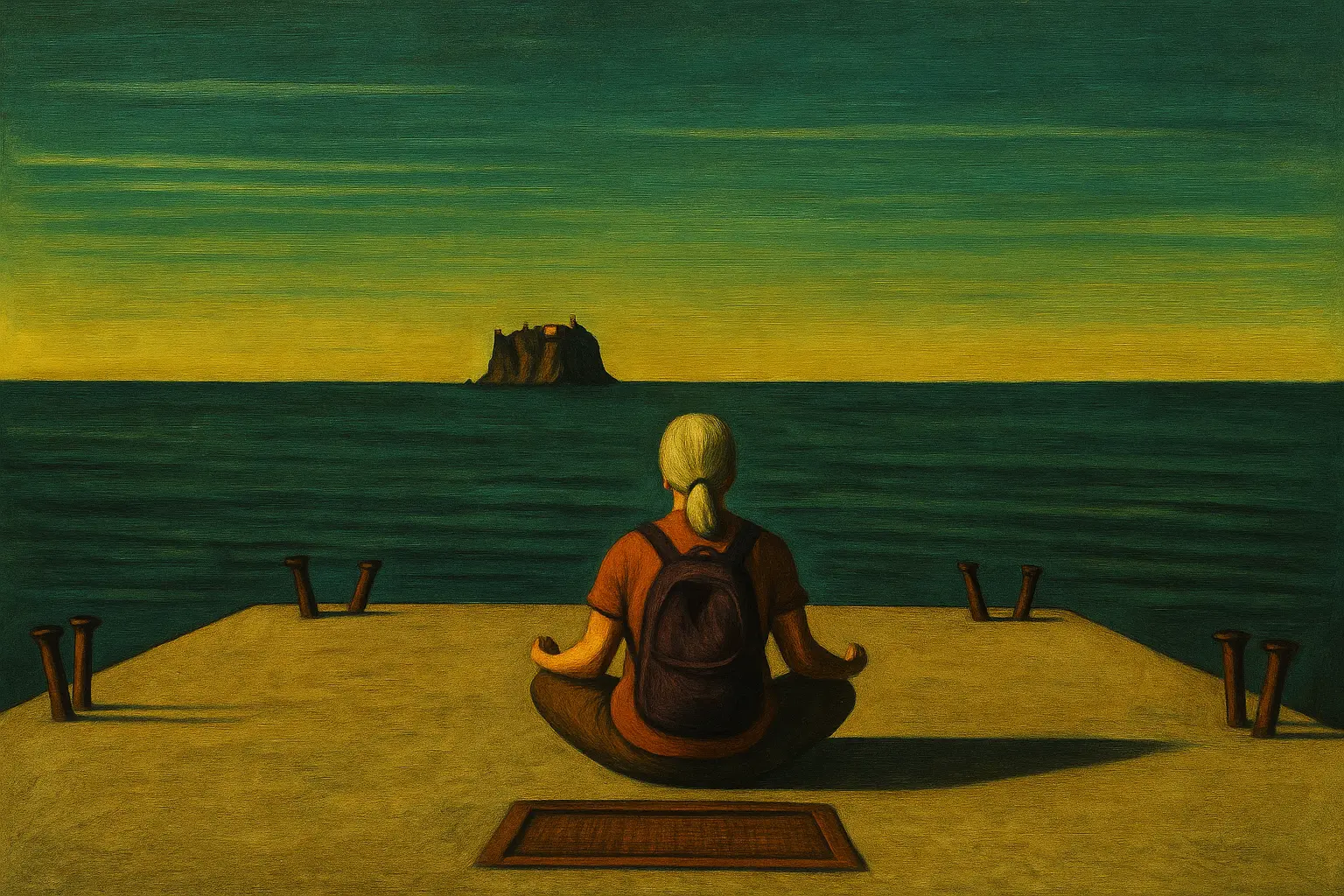 photographies stylisées Sicile. Femme assise en tailleur sur un quai, face à Strombolicchio au coucher du soleil, en Sicile. Woman sitting cross-legged on a pier, facing Strombolicchio at sunset in Sicily.