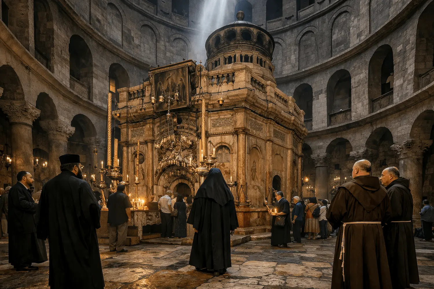 saint sepulcre statu quo rotonde edicule jerusalem interieur fideles