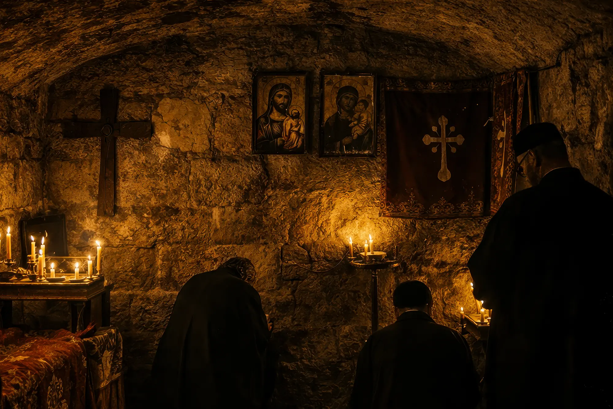 chapelle saint sepulcre priere moines bougies jerusalem crypte pierre