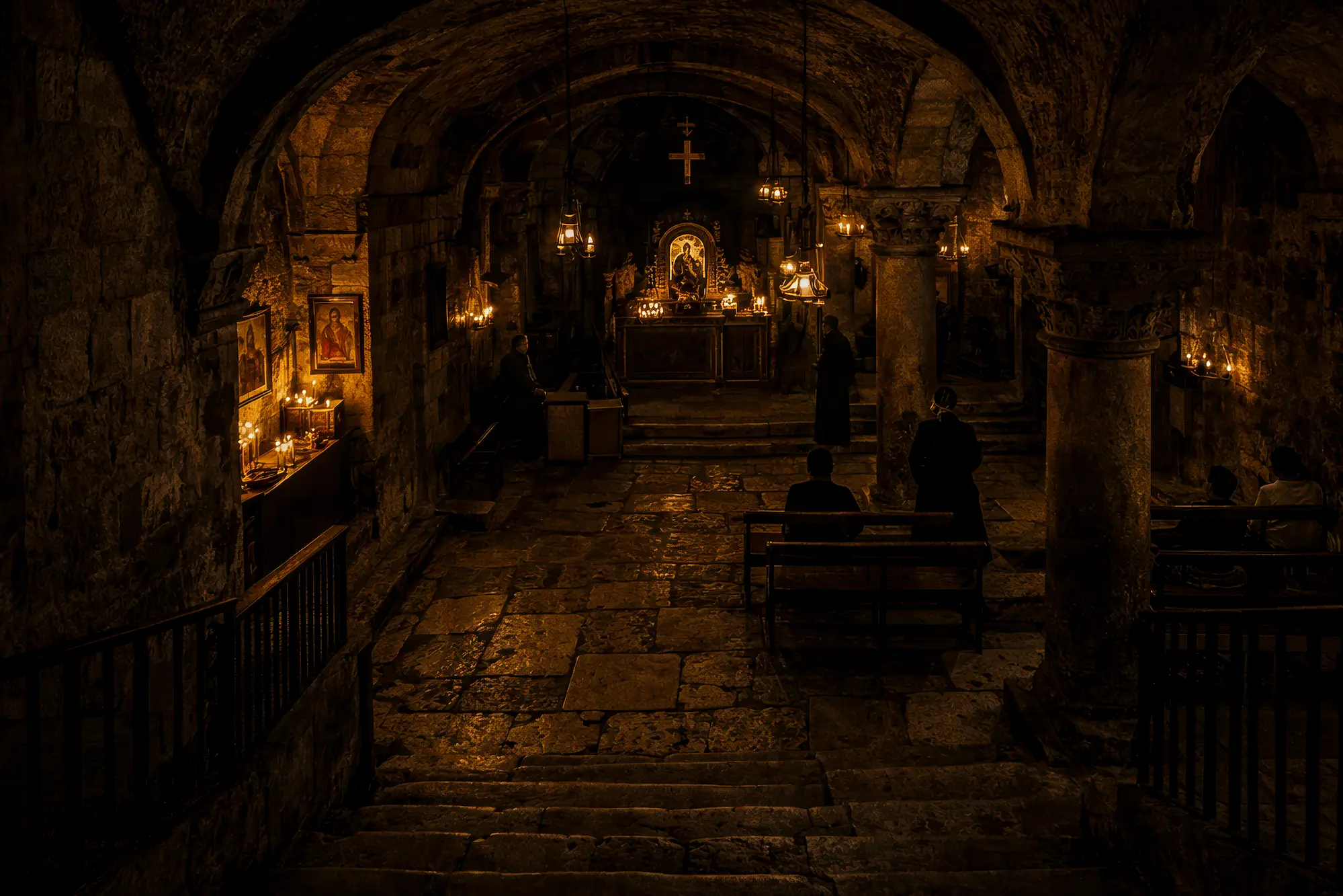 chapelle souterraine saint sepulcre jerusalem crypte pierre priere bougies