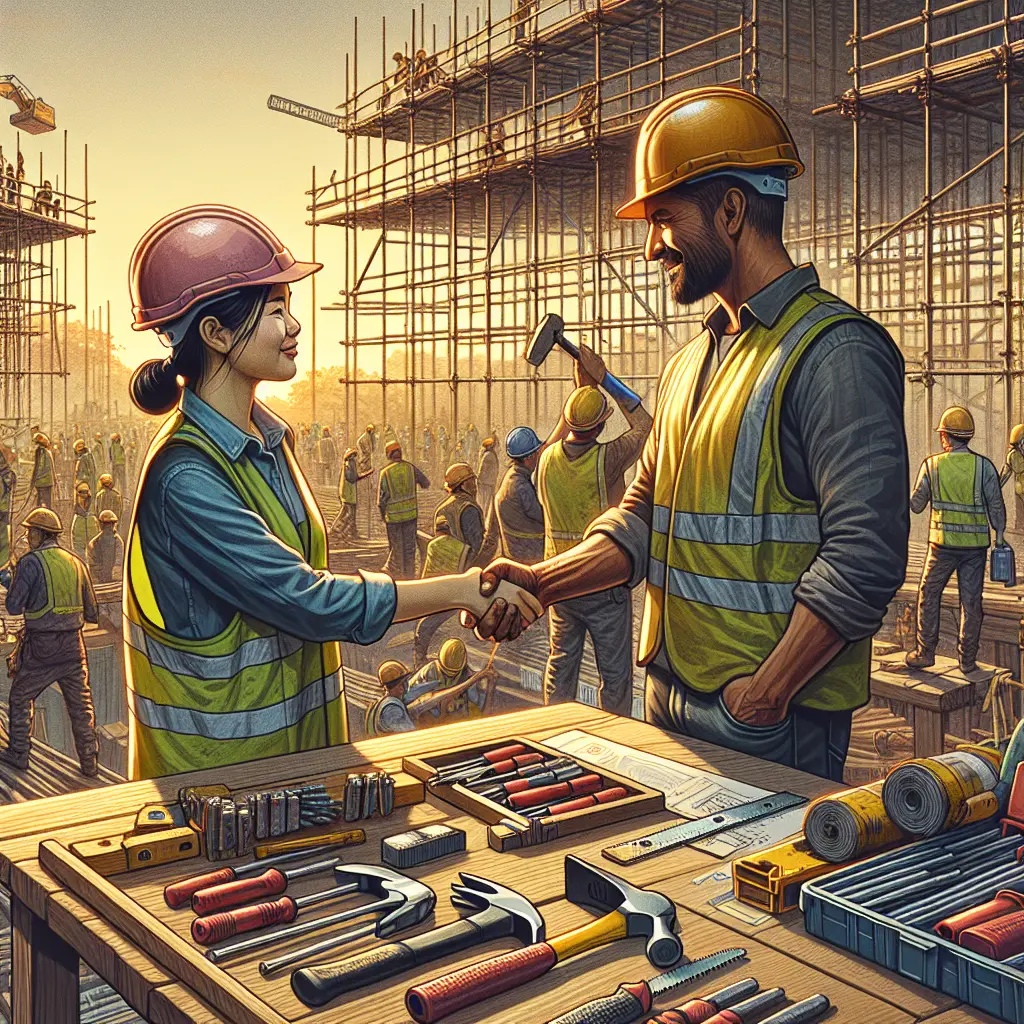 Image générée par IA avec DALL·E illustrant une scène de chantier, montrant les limites de contrôle et la liberté d’interprétation des premiers modèles