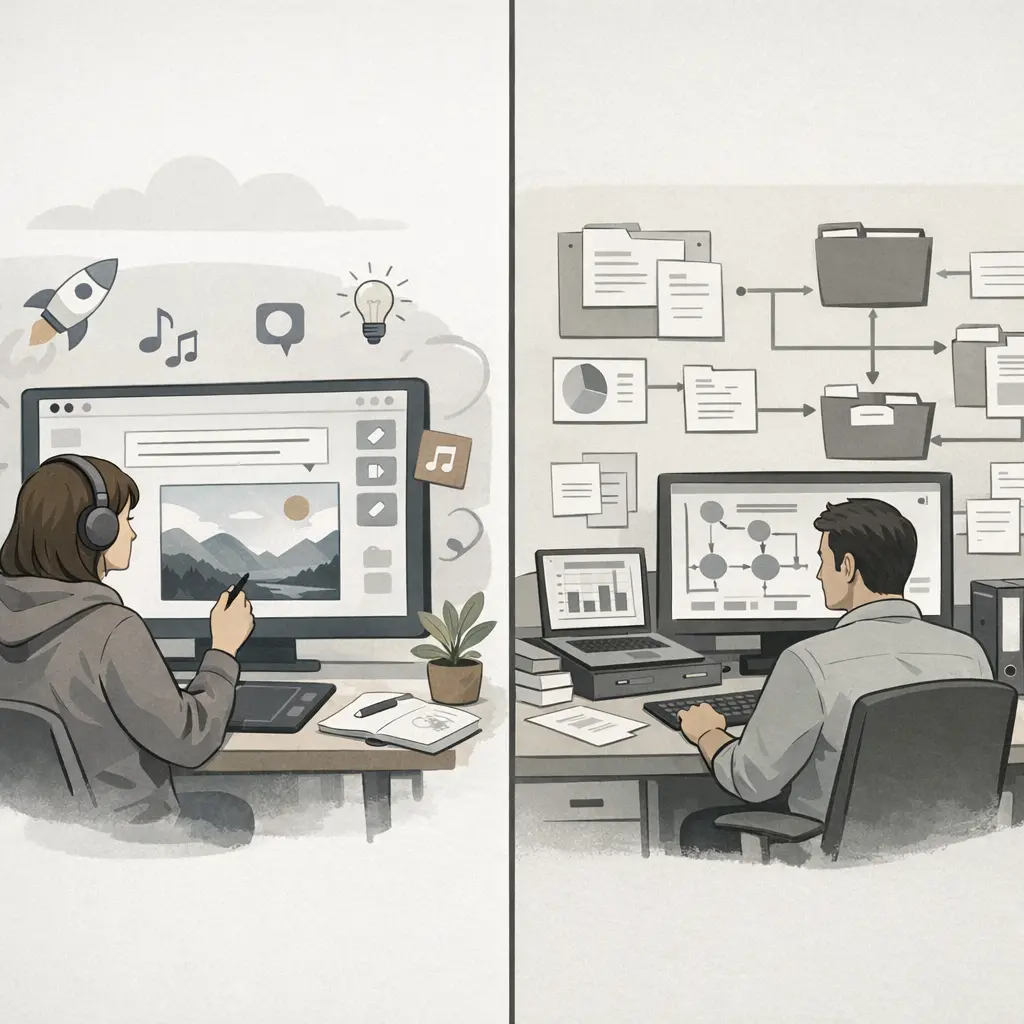 Illustration montrant la différence entre une interface grand public et l’utilisation d’une API pour la génération d’images par intelligence artificielle, dans un contexte de responsabilité éditoriale