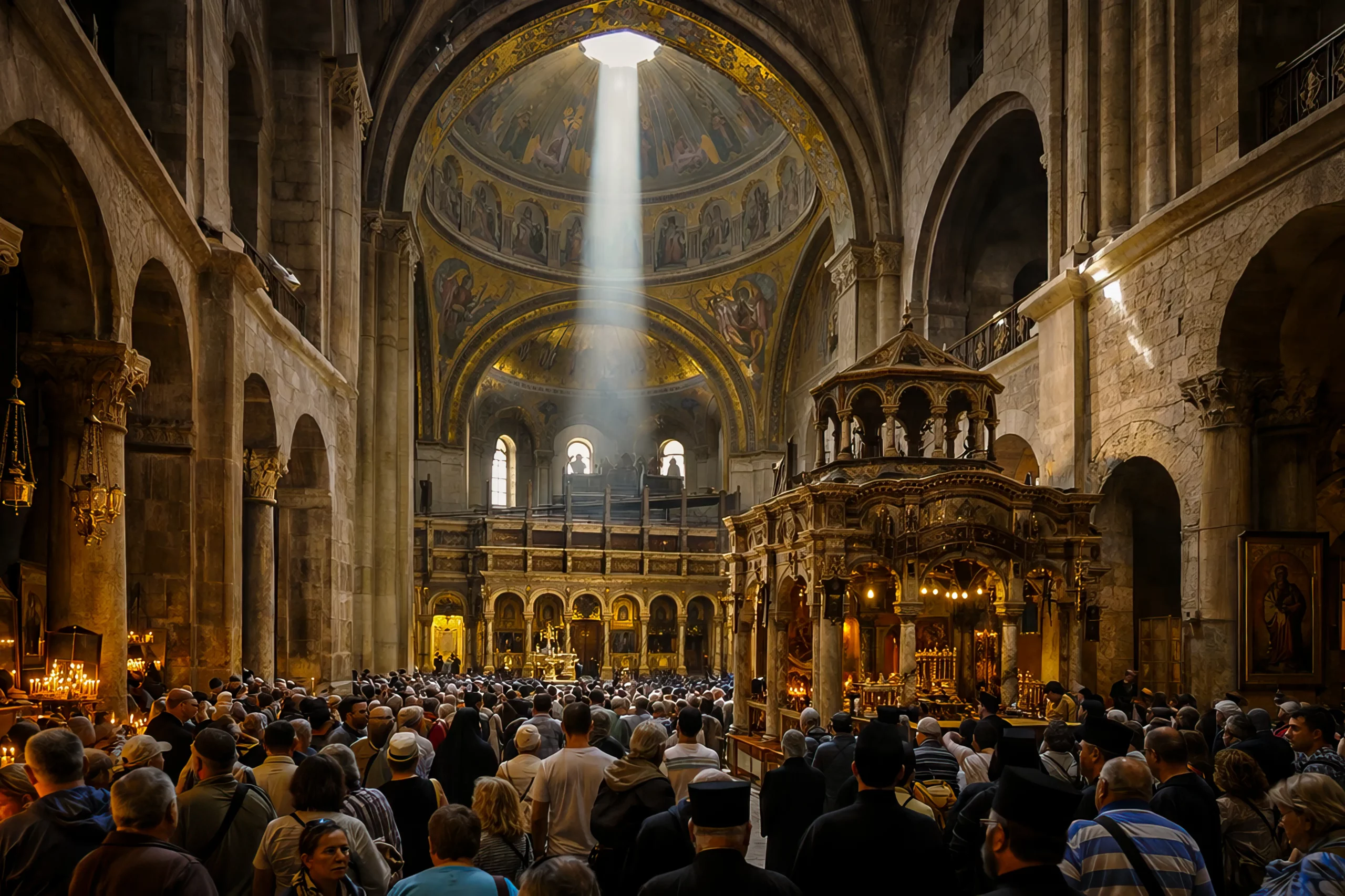 rotonde saint sepulcre foule fideles jerusalem lumiere coupole interieur