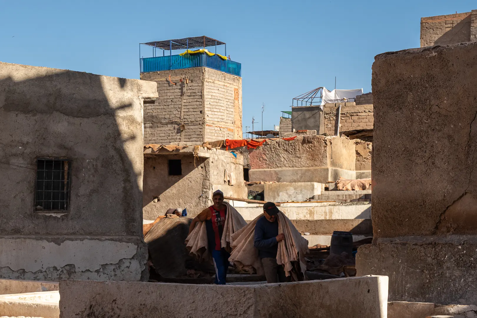 anneurs marocains transportant des peaux dans un quartier de tannerie Moroccan tanners carrying hides in a traditional tannery district
