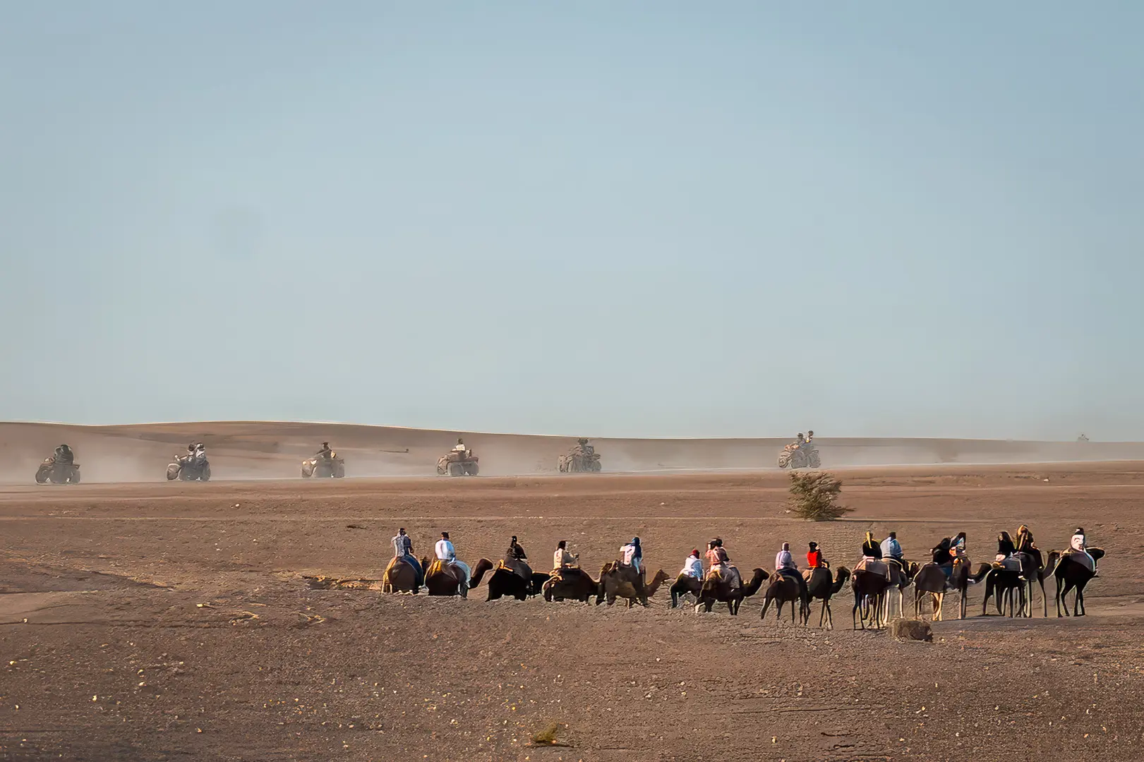 Scène touristique dans le désert d’Agafay avec quads et dromadaires Tourist scene in the Agafay desert with quads and camels