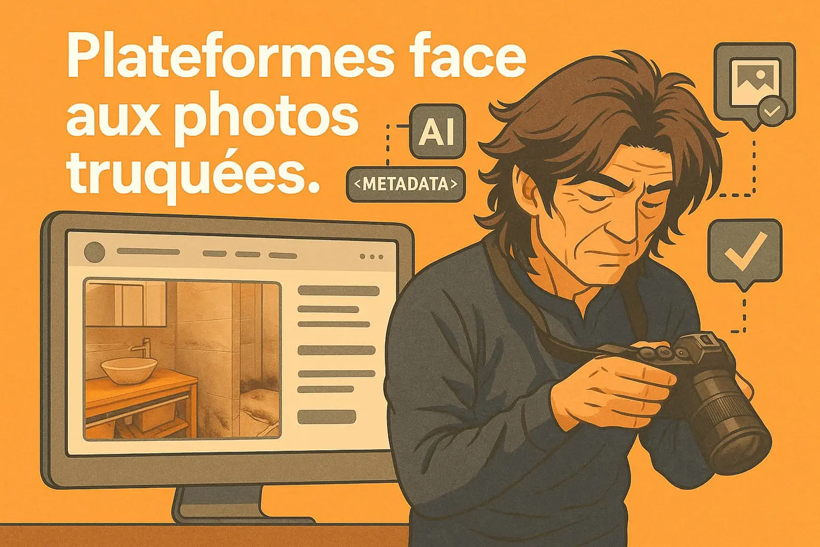 Photographe analysant une image suspecte sur son appareil, symbole d’une preuve numérique examinée dans un litige Airbnb lié à l’IA. Photographer reviewing a suspicious image on his camera, symbolizing digital proof under scrutiny in an AI-related Airbnb dispute.