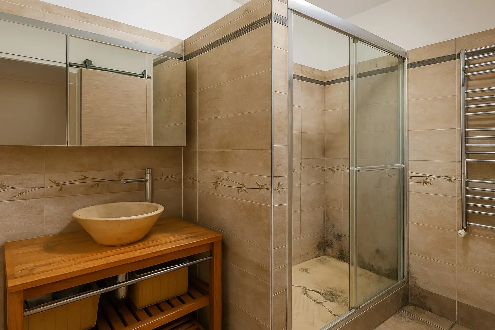 Photo truquée d’une salle de bain modifiée par IA : la tringle de douche est différente dans le miroir, signe de falsification.