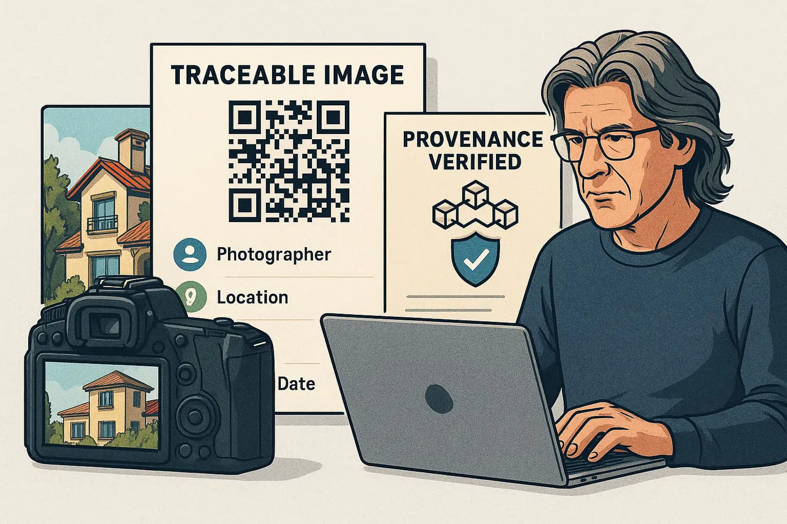 Photographe vérifiant l’authenticité d’une image de logement pour prévenir une photo truquée Airbnb lié à un litige IA. Photographer verifying the authenticity of a rental image to prevent a fake Airbnb photo linked to an AI-related dispute.