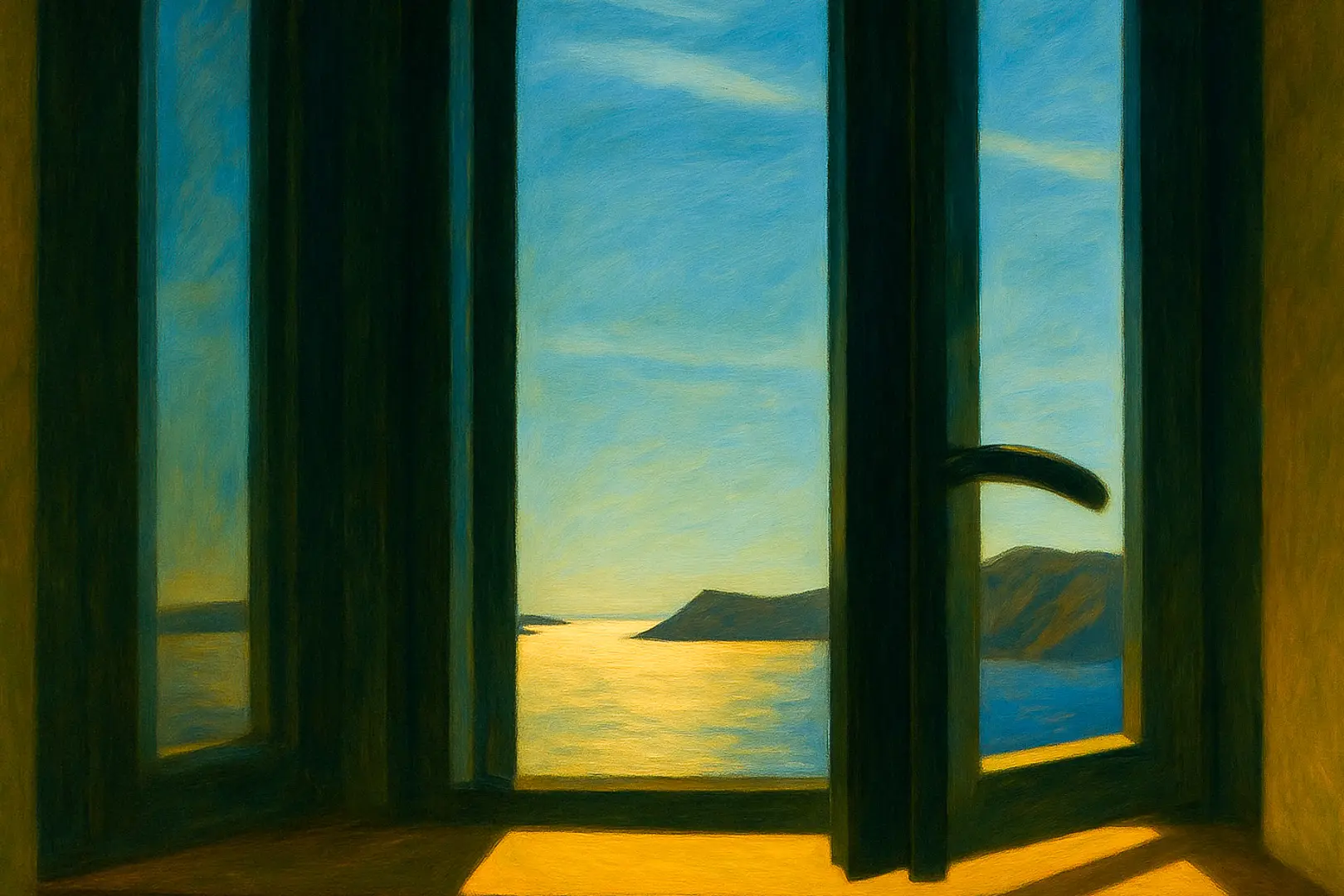 Vue depuis une chambre troglodyte à Oia, fenêtre ouverte sur la mer Égée au coucher du soleil – lumière dorée et ambiance silencieuse. View from a cave-style room in Oia, open window facing the Aegean Sea at sunset – golden light and peaceful atmosphere.