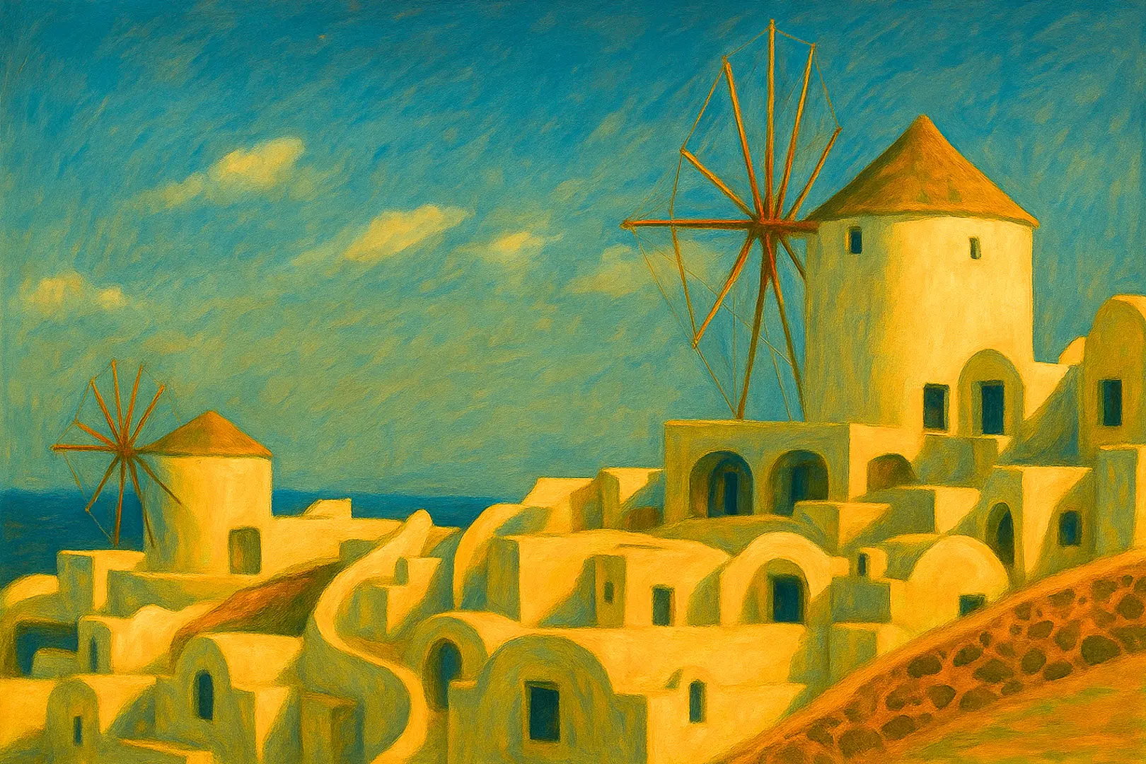 Paysage ensoleillé avec moulins à vent traditionnels et maisons blanchies à la chaux à Oia, Santorin – rendu pictural aux tons chauds. Sunny landscape with traditional windmills and whitewashed houses in Oia, Santorini – warm-toned painterly rendering.