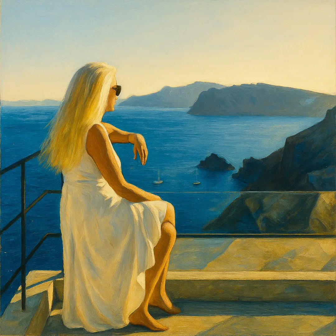 Photographie stylisée Oia. Femme en robe blanche assise face à la mer Égée à Oia, en fin de journée – lumière dorée, atmosphère picturale. Woman in a white dress sitting facing the Aegean Sea in Oia, late afternoon – golden light, painterly atmosphere.