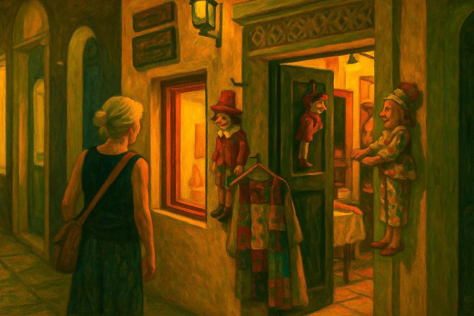 Femme de dos observant une vitrine éclairée dans une ruelle d’Oia, devant une boutique de marionnettes au coucher du soleil – ambiance picturale. Woman seen from behind looking at a warmly lit shop window in an Oia alley, with puppets and a surreal atmosphere at sunset – painterly style.