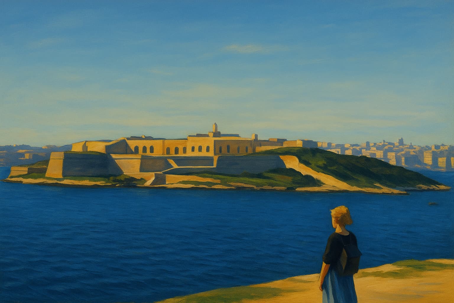 hotographie stylisée Hopper Malte. Femme de dos regardant une forteresse sur une île à Malte, dans une composition picturale inspirée de Edward Hopper.
