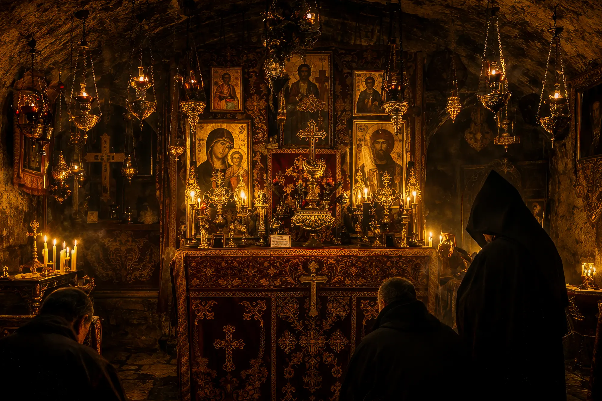 holy sepulchre chapel prayer jerusalem monks candlelight religious icons