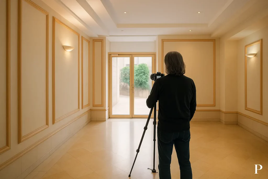 Photographe immobilier de dos avec trépied photographiant l’entrée d’immeuble à Marseille