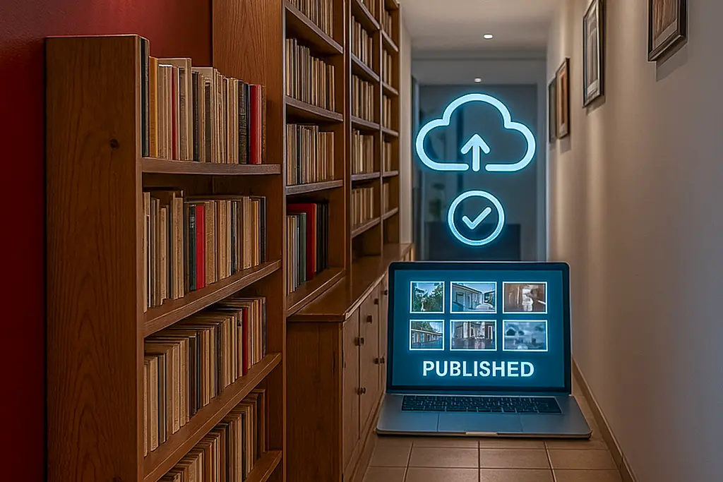 Livraison rapide de photos immobilières prêtes à publier sur le web — ordinateur avec icône d’envoi